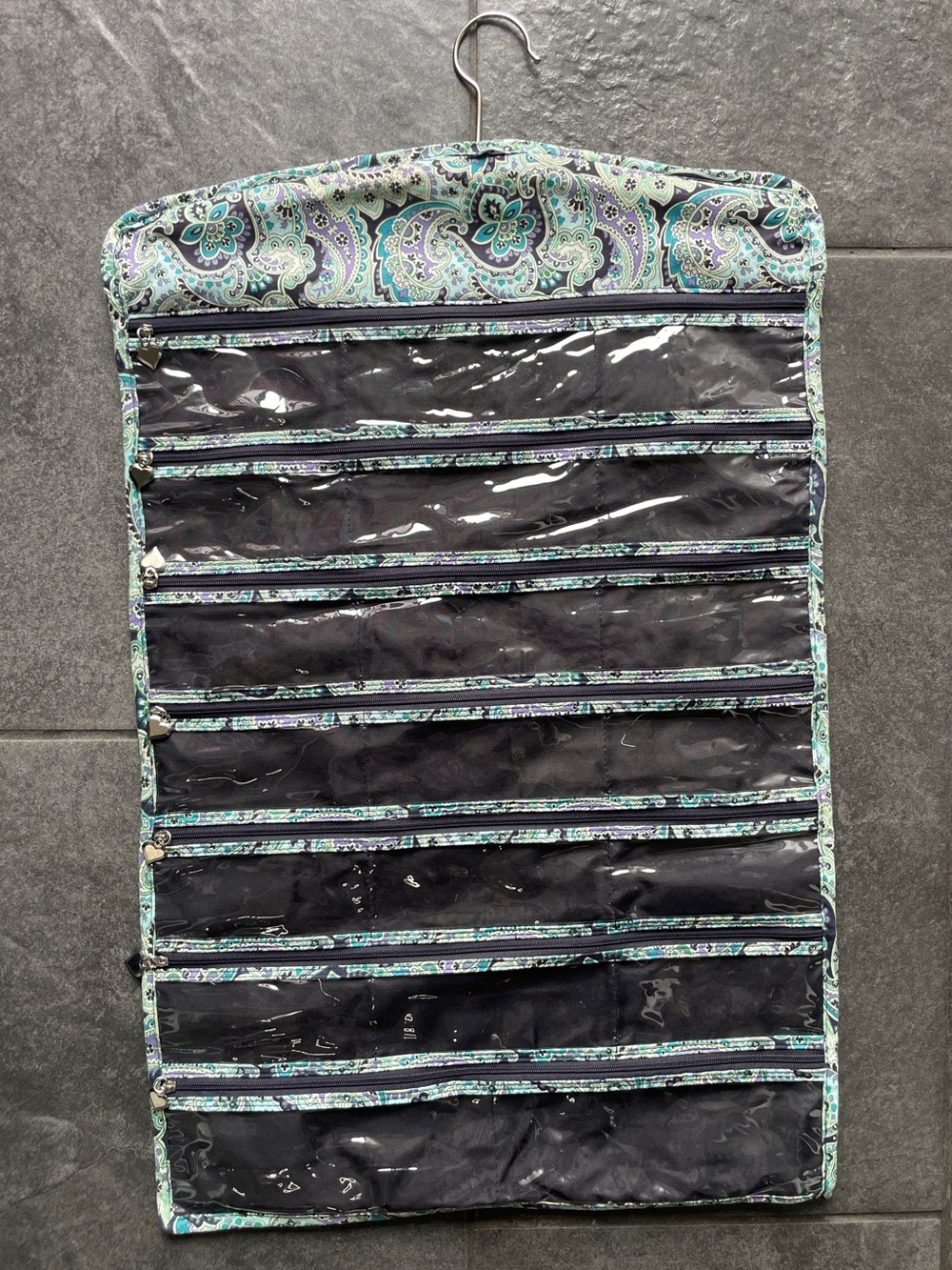 Hanging Jewelry Organizer with Teal Paisley Trim - Clear Zip Pockets